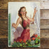Pin Up Girl Window Morning Flowers - Metal Plaque Art Wall Sign